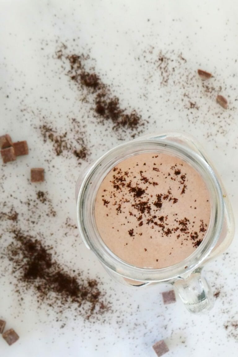 A mocha smoothie with chocolate and coffee sprinkled around