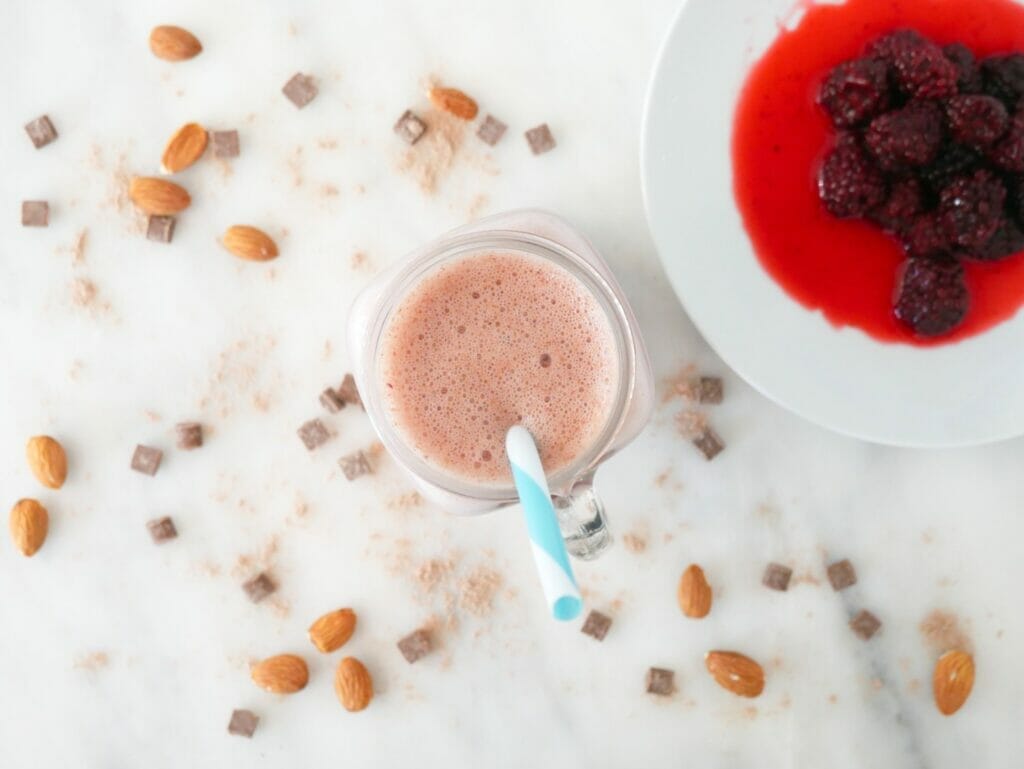 Weight gain protein shake with blackberries, almond and chocolate from above