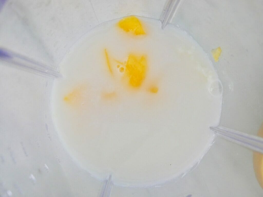 Coconut yogurt and frozen mango and water in blender