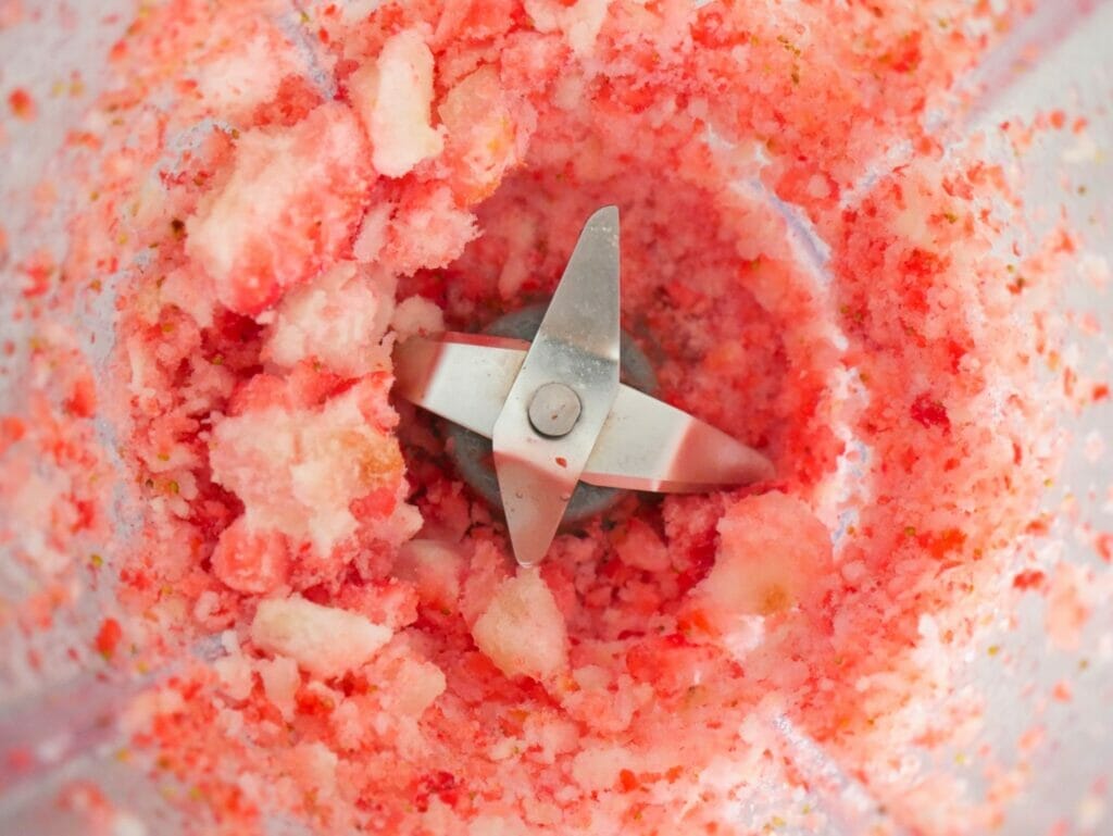 Frozen strawberries blended in to a crushed ice
