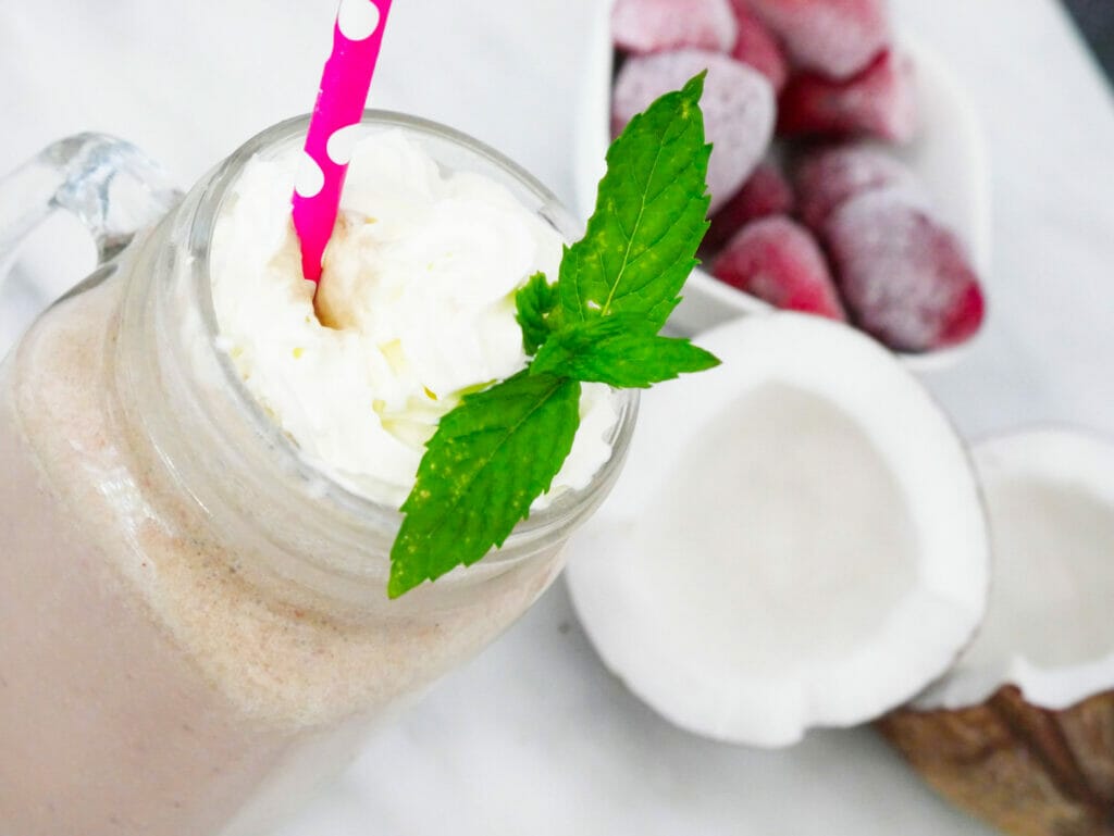 Healthy strawberry matcha latte smoothie