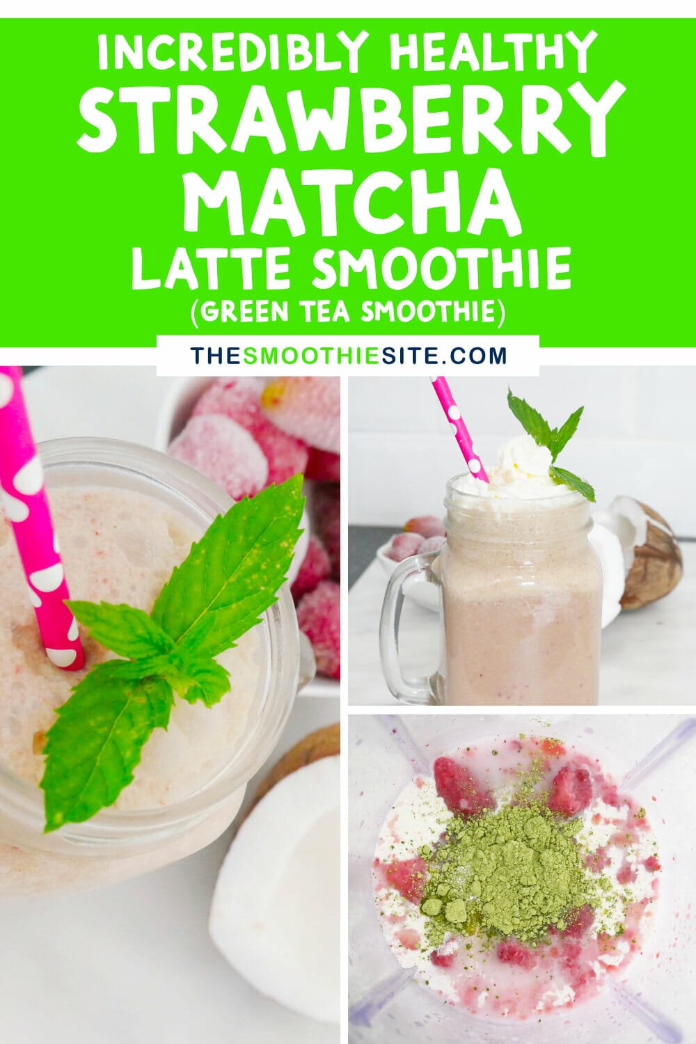 Healthy strawberry matcha latte smoothie (green tea smoothie recipe) via @thesmoothiesite