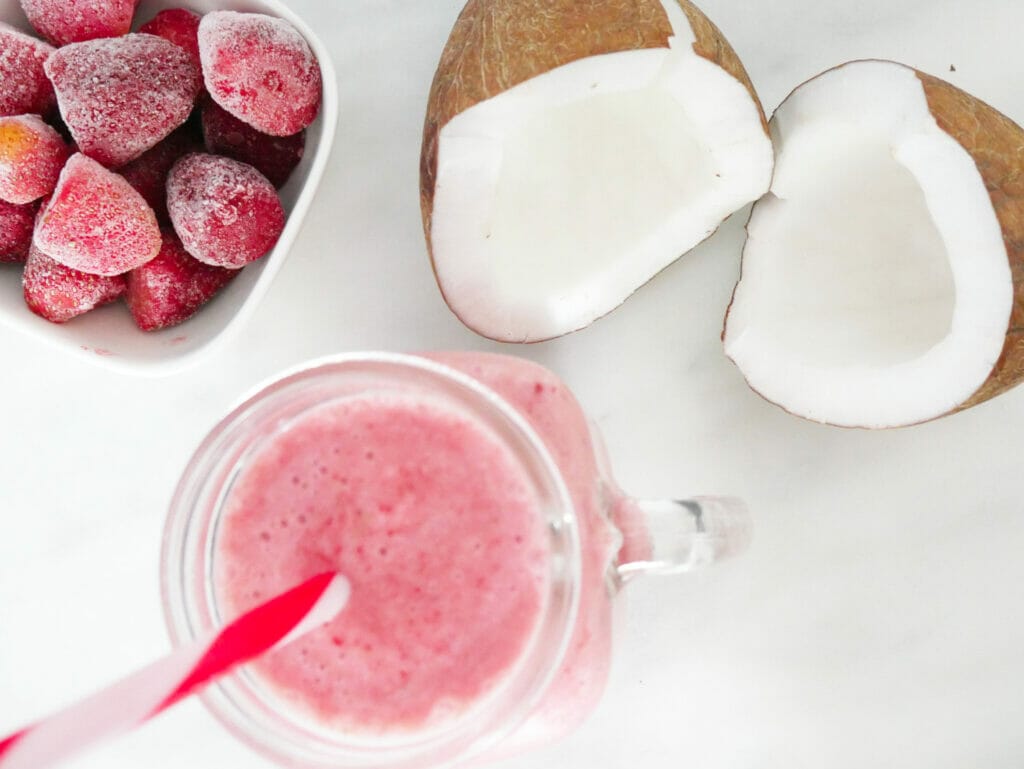 Fruit smoothie with coconut milk from above