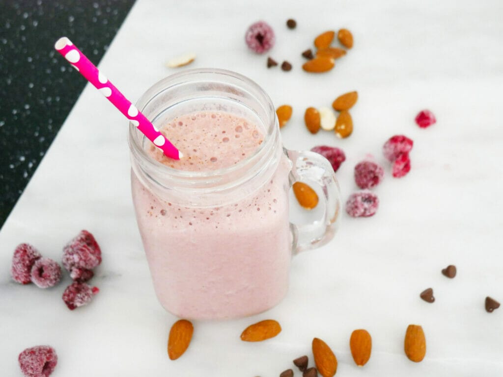 Keto protein shake with almonds and raspberries